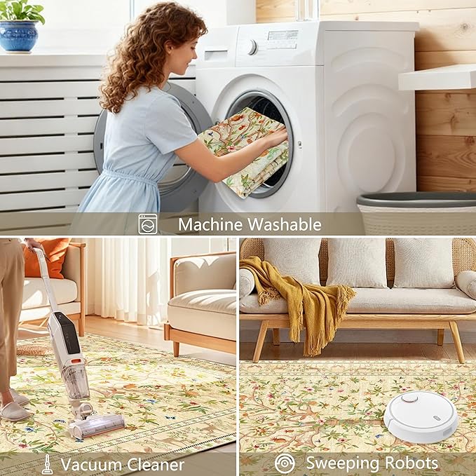 3x5 Area Rug Washable, Non-Slip Small Rug Carpet, Floral Boho Low Pile Soft Throw Rugs for Entryway, Bedroom, Kids Room, Dorm, Office, Nursery, Vintage Home Decor（Beige）