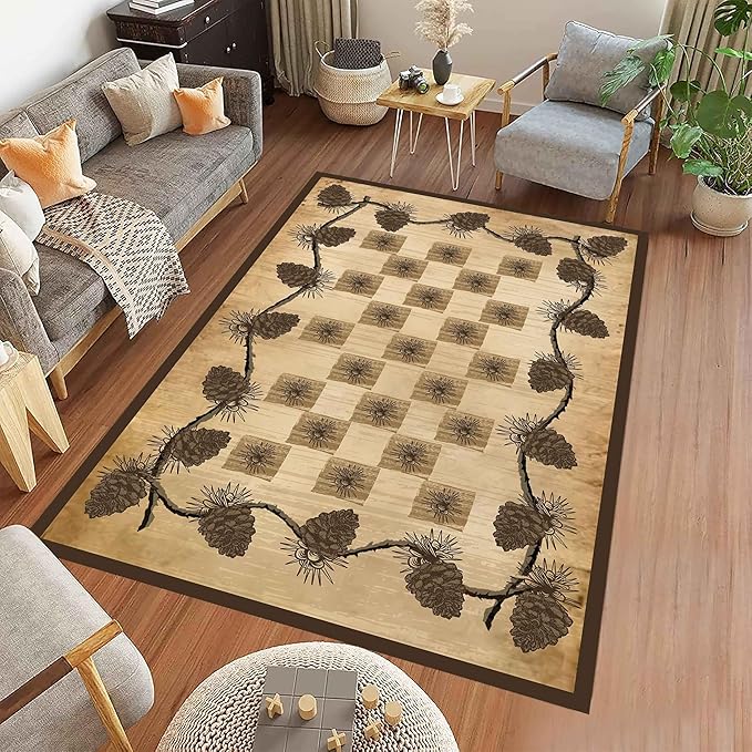 Vintage Plaid Area Rug 4x6ft Rustic Cabin Pine Cone Branches Lattice Pattern Rug Country Lodge Nature Plants Rugs, Soft Floor Rug Non-Skid Carpets for Living Room Farmhouse Indoor Floor Mat