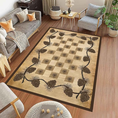 Vintage Plaid Area Rug 3x4ft Rustic Cabin Pine Cone Branches Lattice Pattern Rug Country Lodge Nature Plants Rugs, Soft Floor Rug Non-Skid Carpets for Living Room Farmhouse Indoor Floor Mat