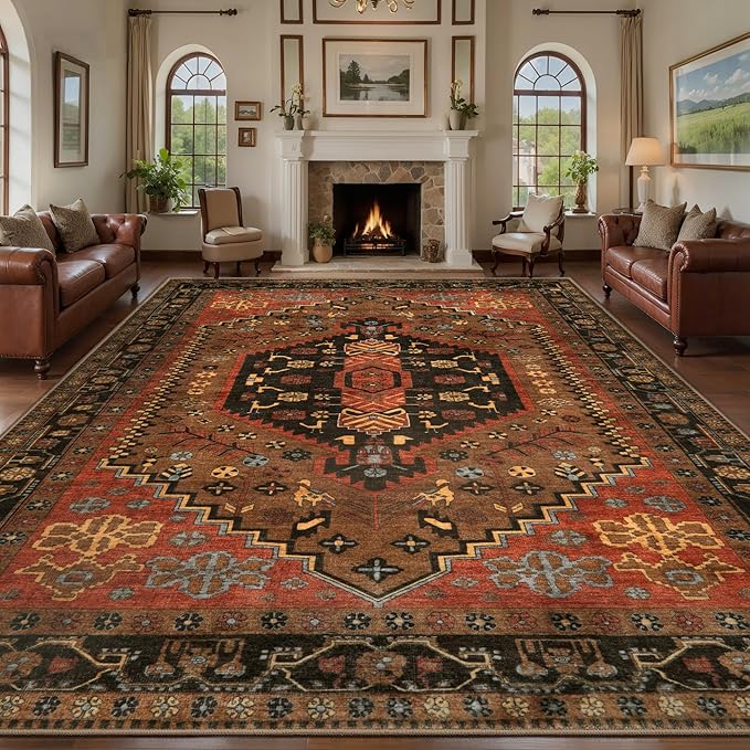 Ciicool 9x12ft Large Area Rug, Washable Thin Soft Rug Vintage Kitchen Carpet for Entrance Bedroom Bedside Living Room Kitchen Laundry Bathroom Decor