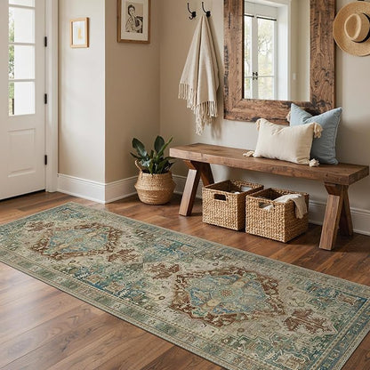 GENIMO 2'6'' X 8' Runner Rugs for Entryway,Machine Washable Vintage Floor Cover Foldable Modern Non Slip Rug, Low Pile Soft Carpet Floral Print Mat for Indoor Entryway/Bathroom/Kitchen,Sage Green