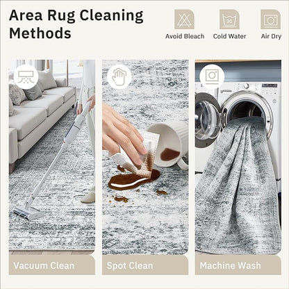 10x14 Area Rugs for Living Room, Non Slip Machine Washable Vintage Rugs, Low Pile Lightweight Large Rug for Bedroom, Dining Room, Home Office Grey