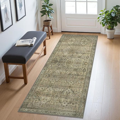 2x5 Runner Rug Machine Washable Boho Runners for Hallway,Ultra-Thin Low Pile Rug,Lightweight Indoor Carpet,Non Slip Floral Runners for Enrtyway, Corridor, Home Office, Kitchen,Sage
