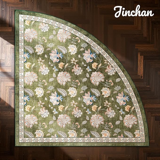 jinchan Elora Floral Corner Rug for Living Room Washable Bedroom Rug Vintage Romance Design Non Slip Quarter Circle Lightweight Low-Pile Throw Carpet for Reading Nook Playroom,8ft Radius, Green