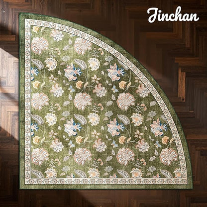 jinchan Elora Floral Corner Rug for Living Room Washable Bedroom Rug Vintage Romance Design Non Slip Quarter Circle Lightweight Low-Pile Throw Carpet for Reading Nook Playroom,7ft Radius, Green