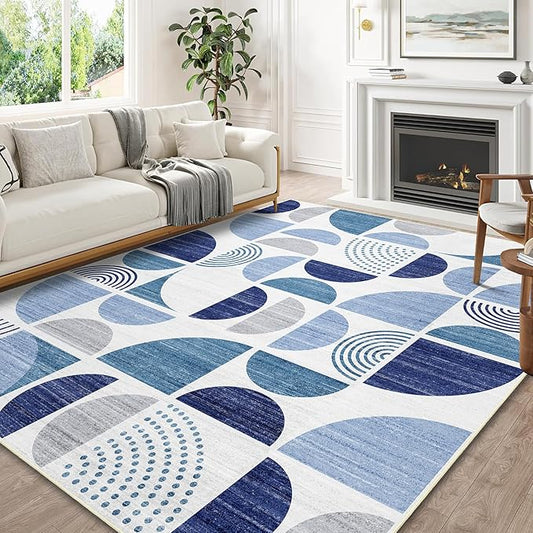 MUJOO Washable Rug 8x10 Blue,Large Area Rugs for Living Room Bedroom Dining Room,Boho Throw Floor Carpet Non Slip Soft Modern Abstract Navy Blue
