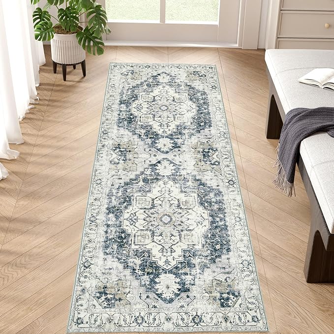 jinchan Kelda Runner Rug 2x5 Washable Rug Soft Hallway Runner Indoor Vintage Print Floor Cover Retro Distressed Lightweight Non-Slip Thin Carpet for Bathroom Kitchen Living Room Bedroom Grey