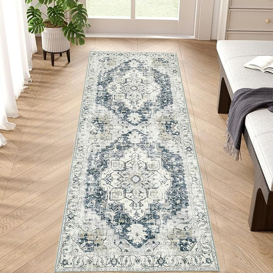 jinchan Kelda Runner Rug 2x5 Washable Rug Soft Hallway Runner Indoor Vintage Print Floor Cover Retro Distressed Lightweight Non-Slip Thin Carpet for Bathroom Kitchen Living Room Bedroom Grey