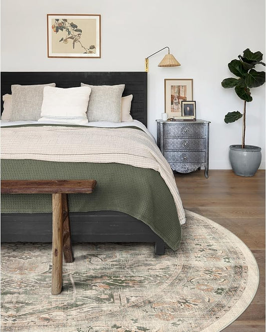 RUGGABLE Washable Vintage Area Rug – Sarrah Sage 8 ft Round, Stain-Resistant, Non-Slip – Large Machine Washable Rugs for Living Room, Bedroom, Hallway, Entryway & Office–with Standard Pad