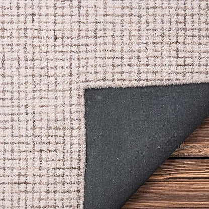 Hand-Tufted 100% Wool Pile Area Rug – Geometric Textured Grid Check Pattern – Thick and Durable Floor Carpet for Bedroom, Living Room, Kids Room, and Dining Area (Ivory-Brown, 8' Round)