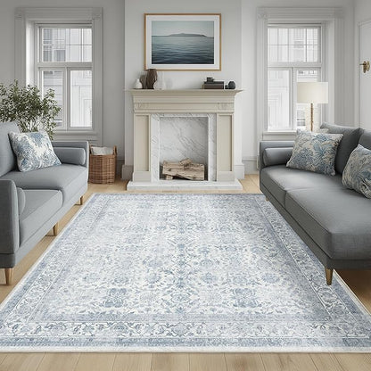 FMFUNCTEX 8x10 Washable Area Rug Blue Vintage Neutral Distressed Large Non Slip Carpet for Living Room Bedroom Soft Low Pile Indoor Mat Retro Floral Throw Rug for Dining Room Kitchen Office Nursery