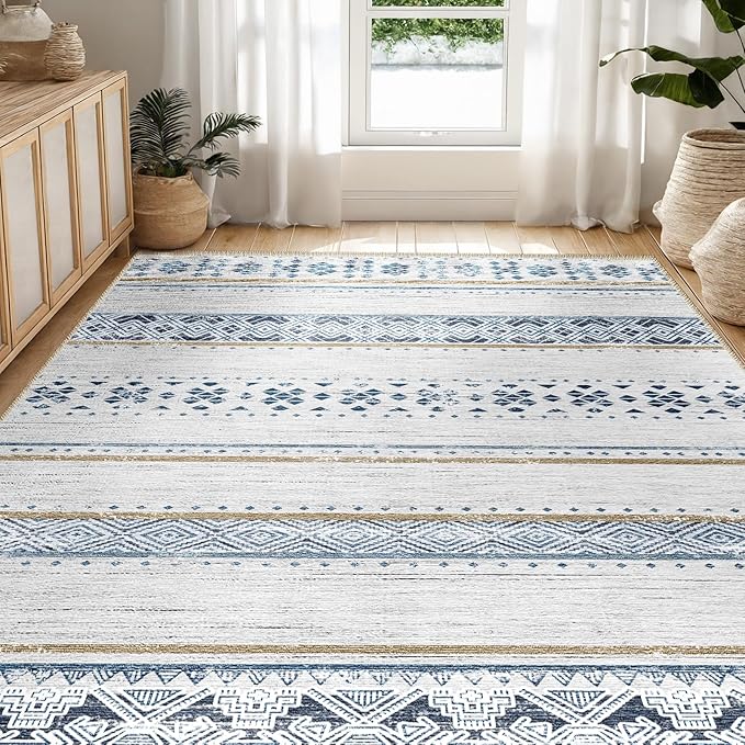 BESTSWEETIE 9x12 Area Rugs for Living Room Washable Moroccan Farmhouse Neutral Geometric Low Pile Non-Slip Soft Print Pattern Rug for Bedroom Kitchen Dining Room Entryway Blue/Brown