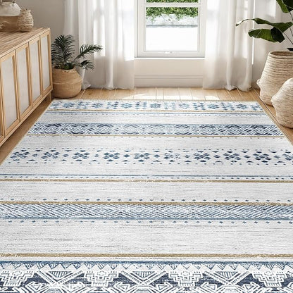 BESTSWEETIE 9x12 Area Rugs for Living Room Washable Moroccan Farmhouse Neutral Geometric Low Pile Non-Slip Soft Print Pattern Rug for Bedroom Kitchen Dining Room Entryway Blue/Brown