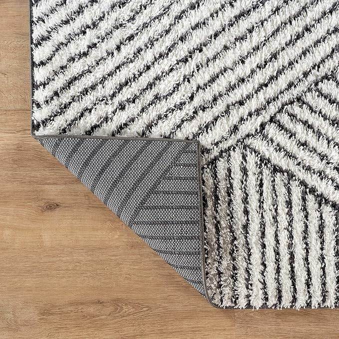 Rugshop Geometric Diamond Stripe Shag Runner Rug White 2' 3" x 8' Perfect for Hallways, Kitchens, or Behind The Sofa