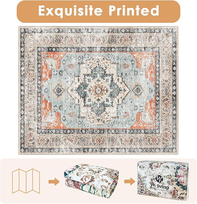 VK VK·LIVING Machine Washable Rug 5'x7' Vintage Design Washable Area Rugs with Non Slip Rugs for Living Room Bedroom Traditional Woven Carpet Stain Resistant, Dining Office Boho Rug (Brick)