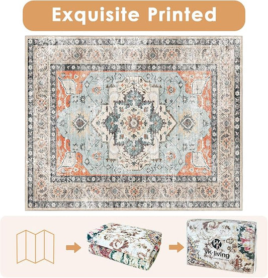 VK VK·LIVING Machine Washable Rug 6'x9' Vintage Design Washable Area Rugs with Non Slip Rugs for Living Room Bedroom Traditional Woven Carpet Stain Resistant, Dining Office Boho Rug (Brick)