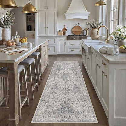 HUGEAR Machine Washable Hallway Runner Rugs 3x8 Vintage Blue Neutral Style Non Slip Stain Resistant Low Pile Throw Carpet for Bedroom Kitchen Retro Aesthetic Modern Decor