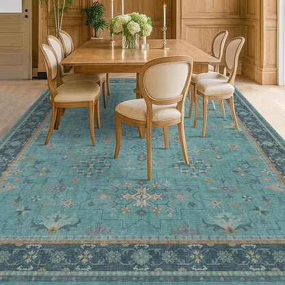 Boho Teal 7x9 Soft Rugs for Living Room, Washable Turquoise Rug for Bedroom Under Bed, Vintage Non Slip Floral Dining Room Carpet, Low Pile Soft Fade Resistant