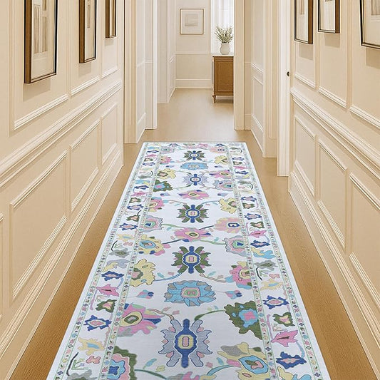 Fame Living Colorful Oushak Rug, Modern Rugs, Vintage, Turkish, Eclectic, Floral, Pastel, Washable, Small Throw, Accent Area Rug for Living Room, Bedroom, Kitchen, Bathroom, 2'5"x4'9"
