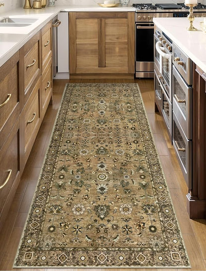 Tangsoo Floral Runner Rug 2x6 Washable Rug for Hallway, Non-Slip Vintage Boho for Entryway Indoor, Brown Print Carpet Runner Rugs, Soft Low Pile Long Runner for Kitchen Bedroom
