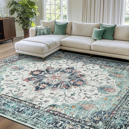 Area Rugs 7'x9' Washable Non-Slip, Floral Vintage Distress Print Pattern Medallion Carpet for Living Room Bedroom Dining Room, Green Navy Blue White Red Teal Colorful