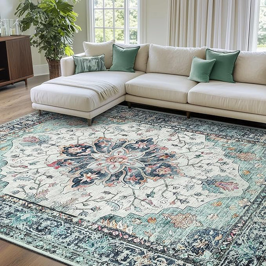 Area Rugs 7'x9' Washable Non-Slip, Floral Vintage Distress Print Pattern Medallion Carpet for Living Room Bedroom Dining Room, Green Navy Blue White Red Teal Colorful