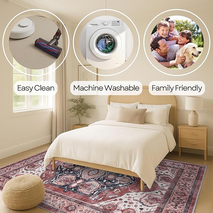 Fame Rugs Turkish Rug. Washable Vintage Oriental Antique Inspired Traditional Doormat Small Modern Area Rugs Luxury Entryway Entry Bedroom Bathroom Kitchen (404RR, 9' x 12')