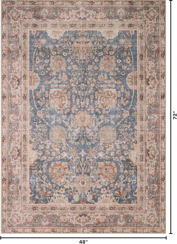 Kuden 4x6 Area Rug, Machine Washable Area Rug with Non-Slip Backing, Vintage Style, Soft, Easy Clean, Low Pile Rug for Living Room, Bedroom, Dining Room