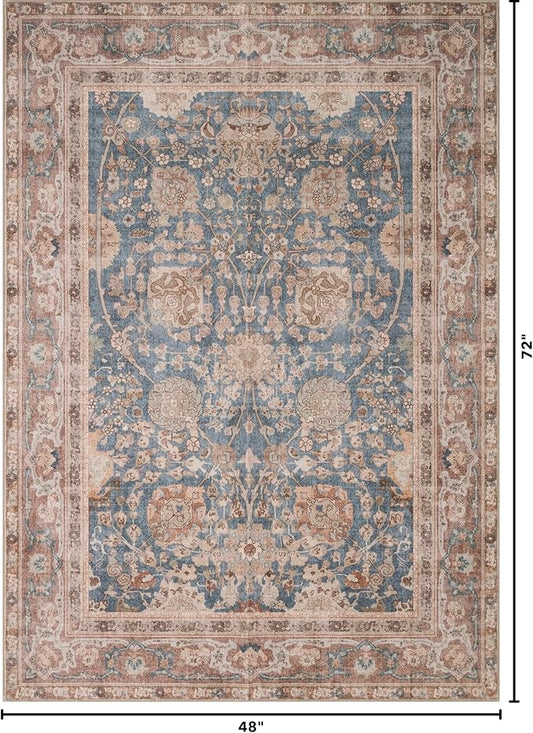 Kuden 4x6 Area Rug, Machine Washable Area Rug with Non-Slip Backing, Vintage Style, Soft, Easy Clean, Low Pile Rug for Living Room, Bedroom, Dining Room