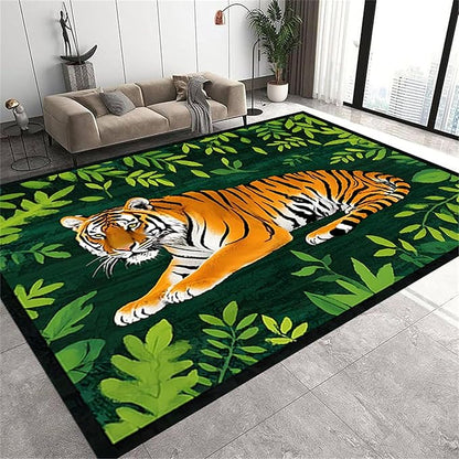 Tiger Rugs，4x5ft,Tiger and Green Leaf Print Rug for Living Room，A Colorful and Artistic Tiger Rug, Perfect for A Children's Play Area，Machine Washable Non-Slip Carpet Suitable for Bedroom and Study