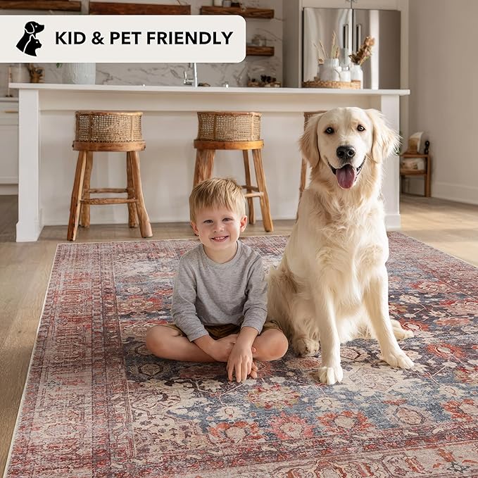 Kuden 4x6 Area Rug, Machine Washable Area Rug with Non-Slip Backing, Vintage Style, Soft, Easy Clean, Low Pile Rug for Living Room, Bedroom, Dining Room