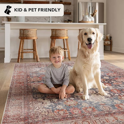 Kuden 4x6 Area Rug, Machine Washable Area Rug with Non-Slip Backing, Vintage Style, Soft, Easy Clean, Low Pile Rug for Living Room, Bedroom, Dining Room