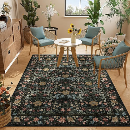 DUKINO 3x5 Area Rug, Vintage Floral Washable Rug for Bedroom with Non Slip Design, Soft Low Pile Indoor Small Carpet for Bedroom, Farmhouse, Living Room, Office, Bathroom, Black