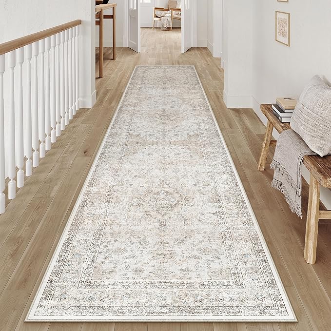 2x10 Washable Vintage Runner Rug for Living Room Bedroom Beige Grey Soft Tranditional Non Slip Runner Rug Lightweight Floral Low Pile Distressed Carpet Hallway Kitchen Bathroom Bedroom