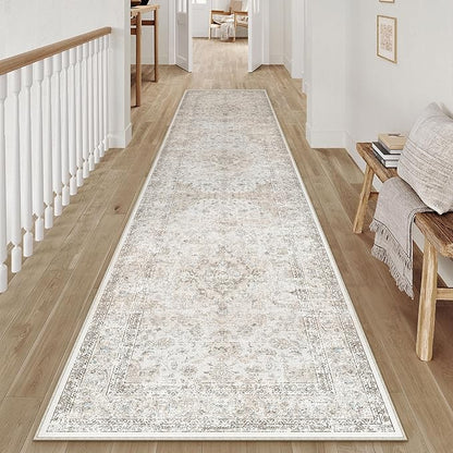 2x10 Washable Vintage Runner Rug for Living Room Bedroom Beige Grey Soft Tranditional Non Slip Runner Rug Lightweight Floral Low Pile Distressed Carpet Hallway Kitchen Bathroom Bedroom