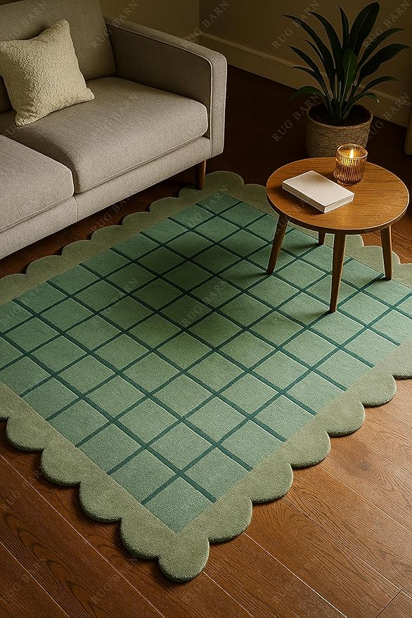 Mint Green Scalloped Edge Wool Area Rug with Checker Grid Design, Hand-Tufted Soft Carpet for Living Room, Bedroom, Nursery, Kids & Playroom Décor - 5x5 Ft (Square)