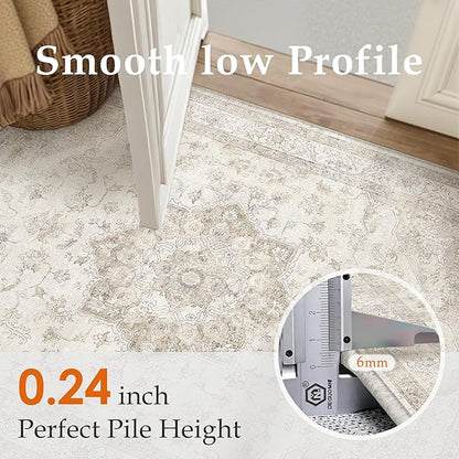 Beige Area Rug 5x8 Washable Living Room Carpet Vintage Non Slip Soft Bedroom Indoor Office Retro Low Pile Thin Oriental Medallion Large Rug for Dining Room Bathroom Kitchen