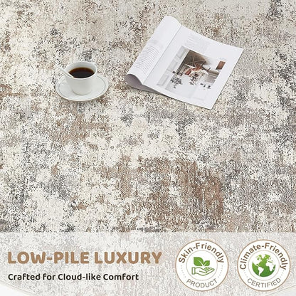 10x12 Area Rug Living Room Rugs - Washable Neutral Modern Abstract Soft Thin Large Rug Indoor Floor No Slip Rug Carpet for Bedroom Under Dining Table Home Office Decor - Brown Grey