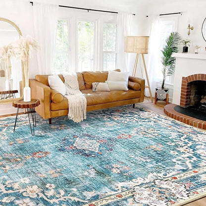 MUJOO 9’x12’ Area Rug Large Rugs for Living Room Teal Rug for Bedroom Dining Room Boho Rug Washable Rug Non Slip Big Carpet Abstract Soft Low-Pile Floral Flowers