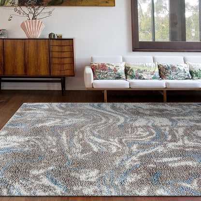 Rugshop Abstract Marble Shag Area Rug Blue 7' 10" x 10' Perfect for Large Living Rooms, Dining Areas, or Master Bedrooms