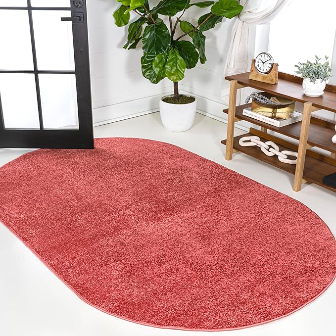 Eyely UES100E-3OV Haze Solid Low-Pile Red 3 ft. x 5 ft. Oval Area Rug, Pet Friendly, Stain Resistant, Easy Cleaning, for Bedroom, Living Room, Kitchen