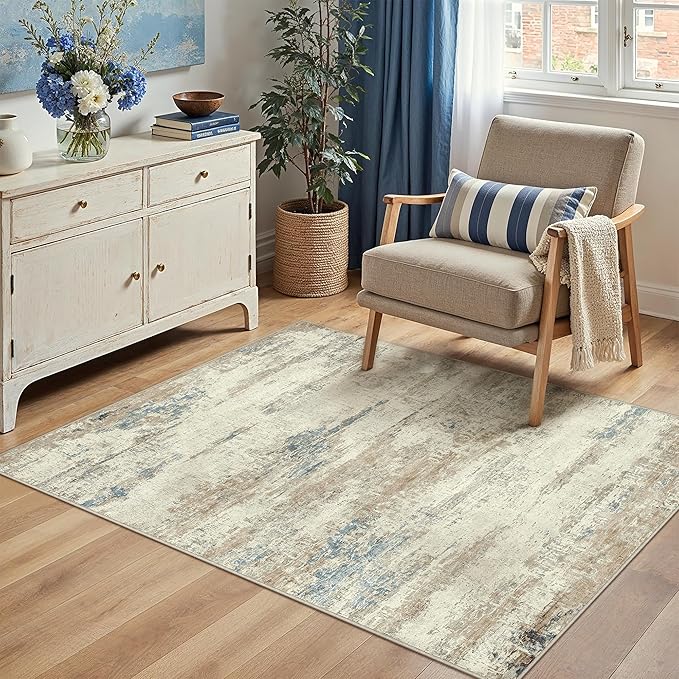 3x5 Area Rug Washable Beige Brown Abstract Office Carpet Modern Neutral Non Slip Soft Low Pile Indoor Entry Contemporary Aesthetic Door Mat Bedroom Throw Rug for Kitchen Laundry Dining Room
