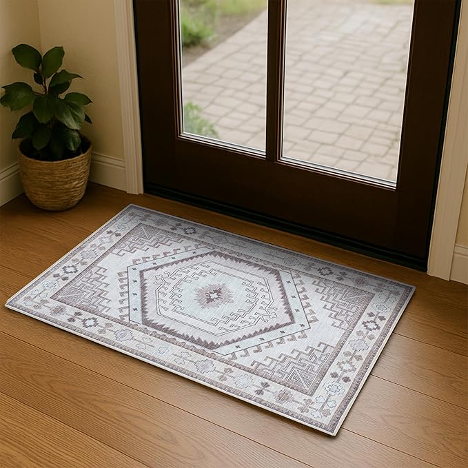 Fame Living Washable Area Rug. Modern Farmhouse. Vintage. Turkish. Bohemian. Distressed. Oriental. Traditional. Rugs for Living Room. Dining. Bedroom. Office. Entryway. Foyer. (856BrC, 2' x 3')