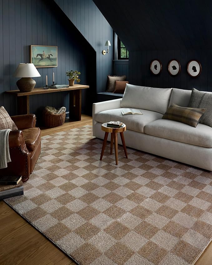 Loloi Chris Loves Julia Calvin Collection CLV-01 Pebble/Ivory 11'-6" x 15'-7" Area Rug Checkered Neutral Soft Living Room Bedroom Carpet