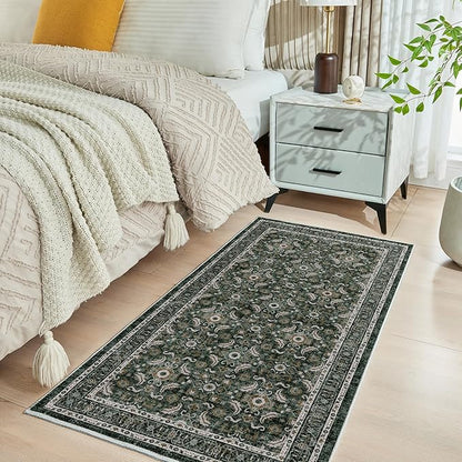 WITSHOCK Washable 2x4 Entryway Area Rug: Soft Non-Slip Backing Washable Rugs Vintage Flower Boho Accent Small Rugs for Bedroom, Kitchen, Bathroom, Nursery Entrance,Dark Green