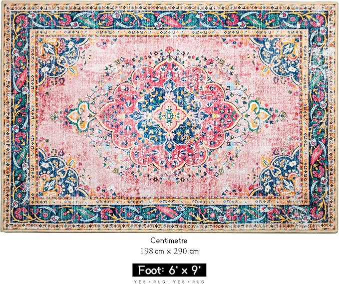 Area Rug 6x9 for Living Room Pink Boho Rug Vintage Rug Non-Slip Washable Low Pile Foldable Large Rugs for Bedroom Dining Room Indoor Floor Carpet