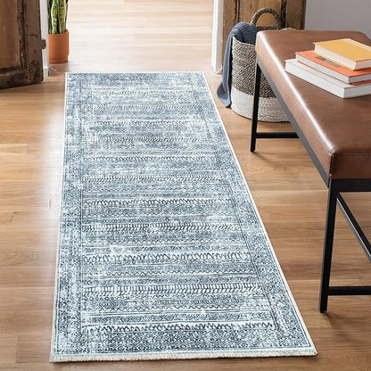 Bloom Rugs Caria Washable Non-Slip 12 ft Runner - Ivory/Black Geometric Runner for Entryway, Hallway, Bathroom, and Kitchen - Exact Size: 2'6" x 12'