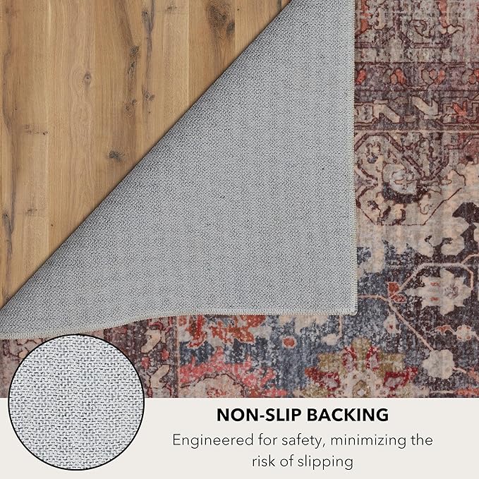 Kuden 2'6"x10 Runner Rug, Machine Washable Area Rug with Non-Slip Backing, Vintage Style, Soft, Easy Clean, Low Pile Rug for Hallway, Entryway, Kitchen, Bedroom
