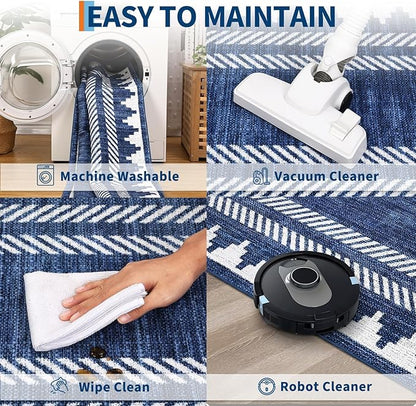 Foldable 5x7 Non Slip Area Rugs for Living Room Dining Room Modern Geometric Washable Non-Shedding Soft Indoor Carpet Bordered Printed Stain Resistant Bedroom Low Pile Rugs, Blue