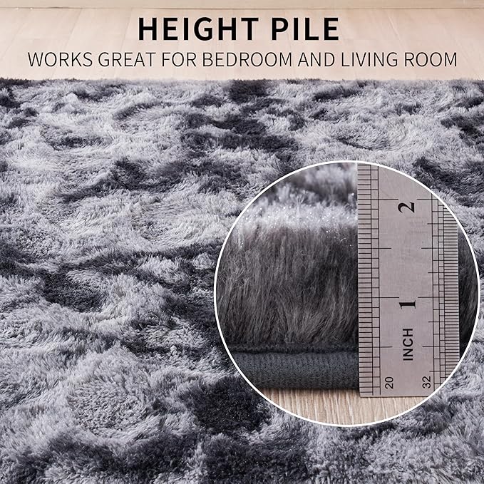 Beglad Fluffy Area Rugs 4x6 Feet, Modern Minimalist Style Shag Rugs, Non-Slip Indoor Carpet Soft Rugs for Bedroom, Living Room & Kids Room, Tie-Dyed Black&Dark Grey